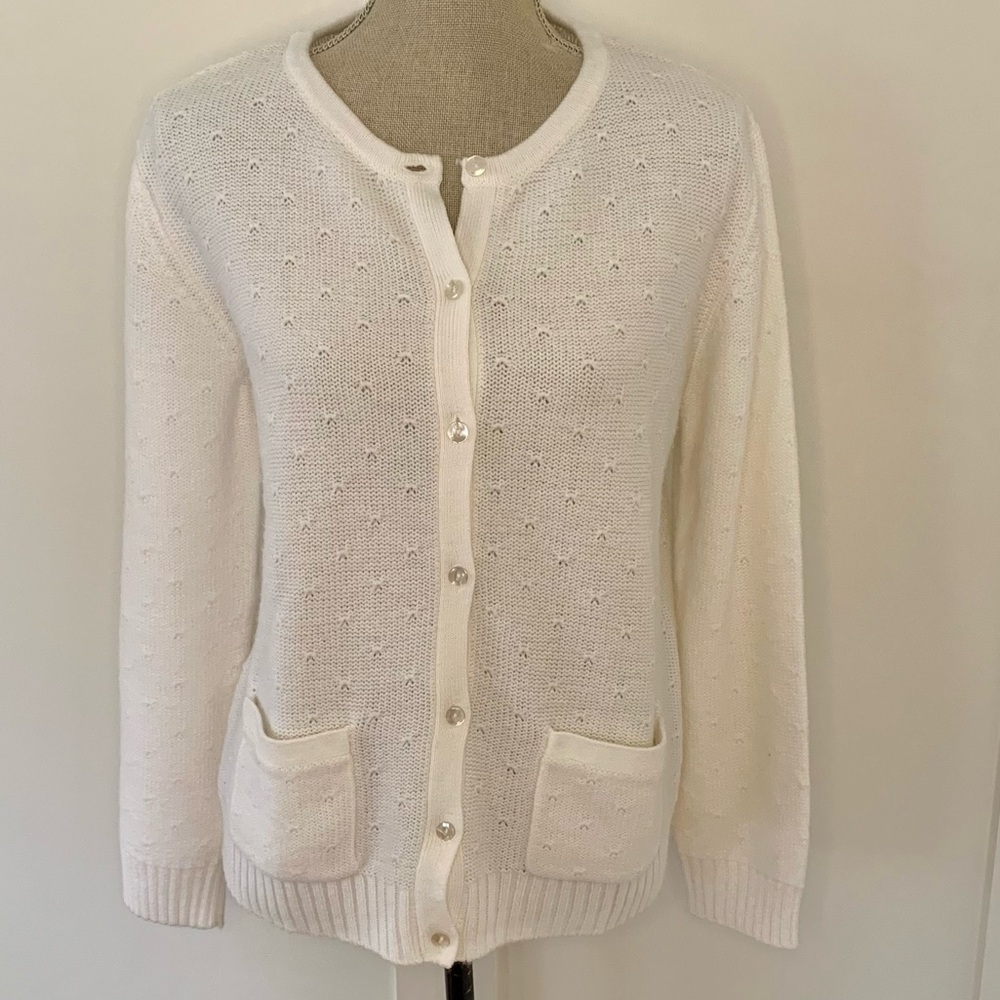 Allison Daley white cardigan with buttons, pockets and eyelet knit pattern